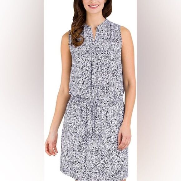 Hilary Radley Blue Leopard Print Sleeveless Dress Drawstring Waist 2 - Picture 1 of 8